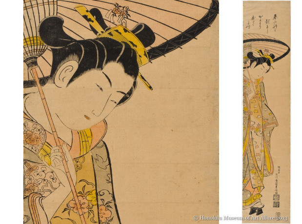 Ishikawa Toyonobu (1711-1785) Girl Holding Umbrella Japan, Edo period, ca.1750 Woodblock print; ink and color on paper Gift of James A. Michener, 1991 Honolulu Museum of Art  (23308)