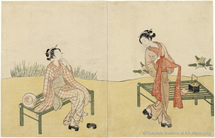 Suzuki Harunobu (1725?-1770) Two Beauties by the Water’s Edge Japan, Edo period, ca.1765 Woodblock print; ink and color on paper Gift of James A. Michener, 1991  Honolulu Museum of Art  (21727)