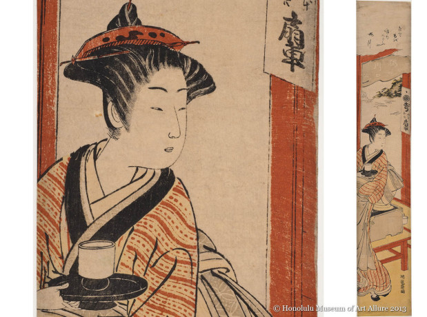 Isoda Koryüsai (1735-1790) The Sakuragawa Teahouse Japan, Edo period, ca.1770 Woodblock print; ink and color on paper Gift of James A. Michener, 1987  Honolulu Museum of Art (20056)