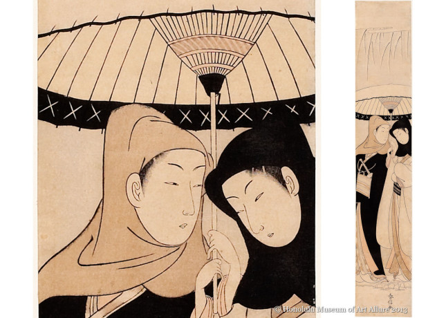 Suzuki Harunobu (1725?-1770) Lovers Sharing An Umbrella Japan, Edo period, ca.1770 Woodblock print; ink and color on paper Gift of James A. Michener, 1991 Honolulu Museum of Art  (20031)