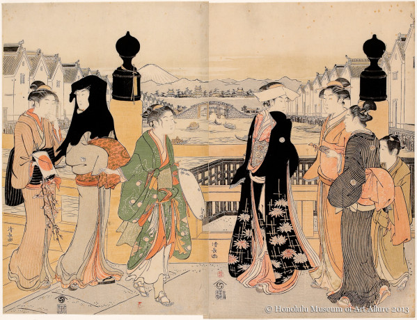 Torii Kiyonaga (1752-1815) Street Traffic at Nihonbashi Japan, Edo period, 1786 Woodblock print diptych; ink and color on paper Gift of James A. Michener, 1991  Honolulu Museum of Art  (21801a-b)