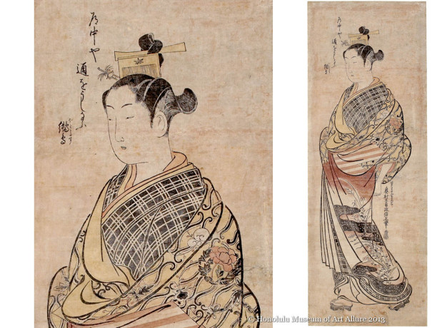 Okumura Masanobu (1686-1764) Courtesan Walking Japan, Edo period, mid 1740s Hand-colored woodblock print; ink and color on paper Gift of James A. Michener, 1991  Honolulu Museum of Art (24457)